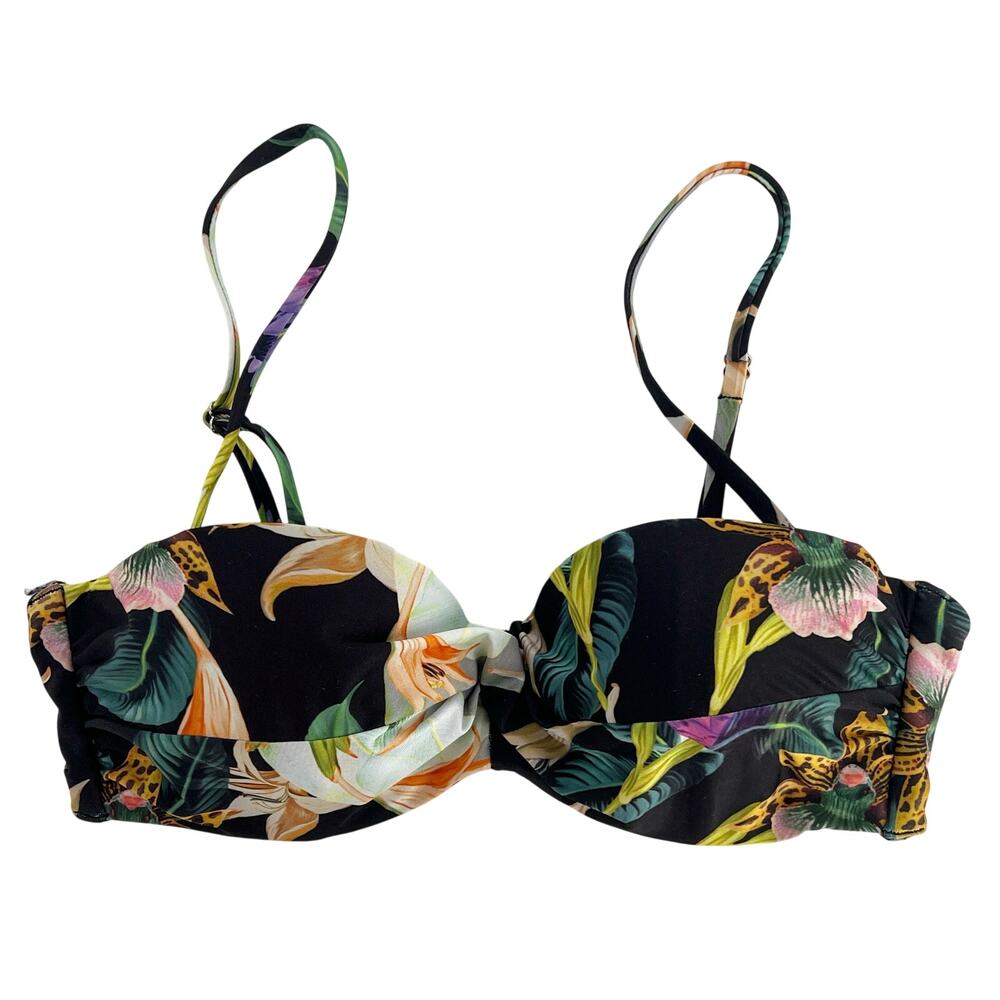 black tropical print bikini top